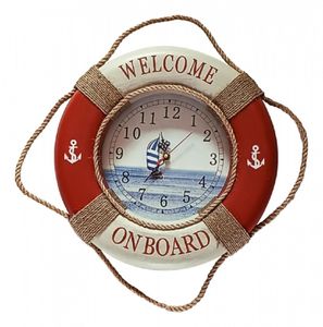 Wanduhr im Rettungsring, Maritime Uhr Rot/Weiß Welcome On Board 35 cm