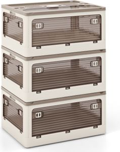 Úložné boxy COSTWAY s vekom, sada 3 stohovacích boxov na kolieskach, skladacie boxy, prístupné z 5 strán, plastové, bezpečné uzatváranie, priehľadné (90 l)
