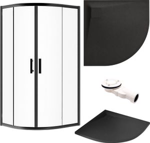 SET Duschkabine + Duschwanne 90x90 193 cm - Halbrund Transparent Gehärtet Nano Glas 6 mm Schwarz Steinoptik SMC inkl. Siphon | BADLAND HELA VIDAR