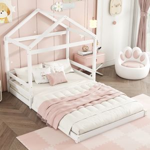 okwish Kinderbett Bodenbett in Hausform 140×200 cm mit Lattenrost, Holzbett Jugendbett für Jungen und Mädchen(Ohne Matratze), Weiß