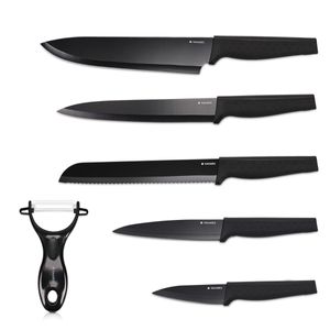 Navaris Messer Set 6-teilig inkl. Schäler - 5x Edelstahl Küchenmesser und 1x Keramik Gemüseschäler - Fleischmesser Brotmesser - Messerset schwarz