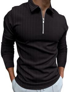 Herren Poloshirts Langarm T-Shirts Golf gestreiftes Shirt ClassicFit Reißverschluss Pullover, Farbe:Schwarz, Größe:L