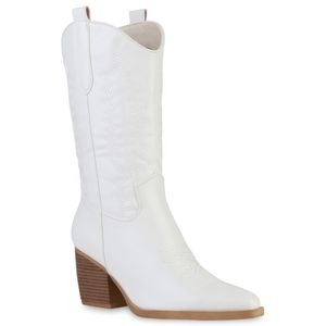 VAN HILL Damen Stiefel Cowboystiefel Stickereien Schuhe 838384, Farbe: Weiß, Größe: 37