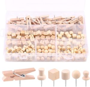 135 Stück Holz Pinnadeln Set mit, inklusive Aufbewahrungsbox Reißnägel, Push Pins, Clips und Heftzwecke für Pinnwand, Korkplatte, Landkarte, Fotos (6 Stile)