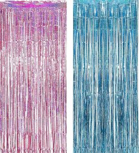 2 Stück Lametta Vorhänge Rosa Blau Glitzer Hintergrund Dekoration Folien Fransen Silvester Geburtstag Hochzeit Partydeko Luftschlangen Deko für Disco