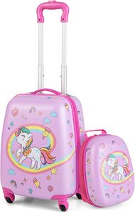 2tlg. Kinderkoffer mit Rucksack, 16” + 12” Kinderkoffer Set , Kindertrolley Kindergepäck Handgepäck für Mädchen und Jungen, Reisegepäck Hartschalenkoffer (Pink)