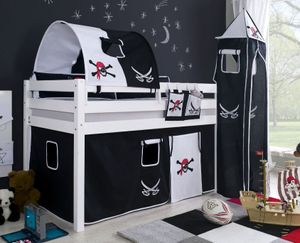 Hochbett ALEX Kinderbett Spielbett Bett Weiß Stoffset Pirat, Matratze:mit