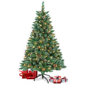 LZQ 120cm PVC Künstlicher Weihnachtsbaum mit Warm Beleuchtung LED Tannenbaum mit Schnee & Kiefernzapfen Metallständer