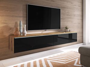 MIRJAN24 TV-Lowboard Detroit D180, Stilvoll TV-Tisch, 2 Türen, Modern Wohnzimmer (Wotan / Schwarz Hochglanz, mit Beleuchtung)
