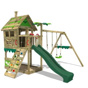 FATMOOSE Spielturm Klettergerüst JungleJumbo mit Schaukel & Rutsche, Kletterturm mit Sandkasten, Leiter & Spiel-Zubehör - grün