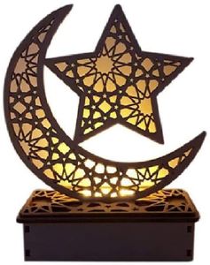 Ramadan Holz Mond LED-Licht, DIY Mubarak Ramadan Tisch Ornament Lampe LED Lichterketten für Muslimische Eid