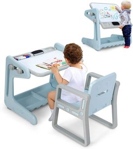 GOPLUS 2 in 1 Kinderschreibtisch mit Stuhl, Höhen- & Neigungsverstellbarer Zeichentisch mit Stauraum, Kindersitzgruppe inkl. 3 Buntstifte und Radiergummi, (Blau)