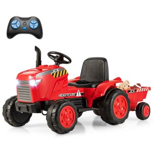 COSTWAY 12V Traktor mit Abnehmbarem Anhänger, Kindertraktor Elektrisch mit 2,4G Fernbedienung & Lichtern (Rot)