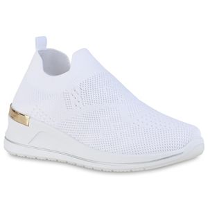 VAN HILL Damen Sneaker Slip Ons Keilabsatz Strick Profil-Sohle Stoff Schuhe 838360, Farbe: Weiß, Größe: 37