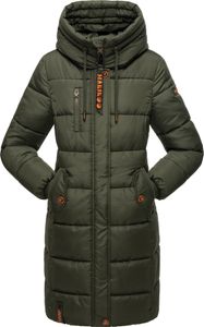 Marikoo Damen Wintermantel warmer Winterjacke Vegan Steppmantel lang mit Kapuze Yuikoo Dark Olive Gr. 36 - S