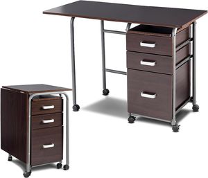 COSTWAY Klappbarer Computertisch mit 3 Schubladen und Rollen, Schreibtisch mit Metallrahmen, platzsparender Bürotisch, Klappschreibtisch für kleine Räume, 105 x 50 x 75 cm (Braun)