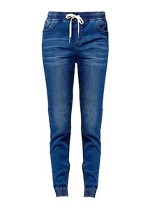 Damen Bleistift Strecken Denim Hose Elastische Taille Skinny Kordelzug Jeans,Farbe:Dunkelblau,Größe:XL