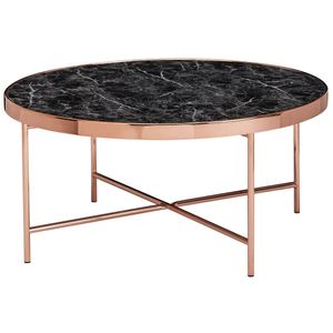 Dizajnový konferenčný stolík WOHNLING mramorový vzhľad čierny - okrúhly Ø82,5 cm s medeným kovovým rámom, veľký stôl do obývačky, obývací stôl