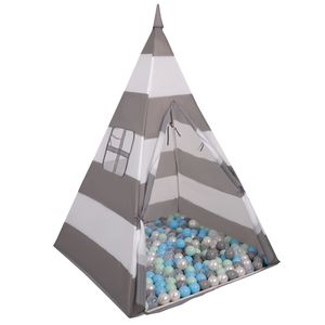 Selonis tipi spielzelt mit 100 bälle 6 cm zelt für kinder, grauweißstreifen:perle/grau/transparent/bblau/mint