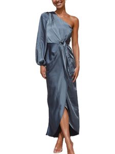 Damen Abendkleider One Shoulder Satin Kleid Elegant Long Maxi Kleider Wickelkleid Pfauenblau,Größe M
