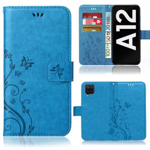 Handytasche für Samsung Galaxy A12 / M12 Bookstyle Handyhülle Klapptasche mit Blumenmuster Schutzhülle mit Kartenfächer in Blau