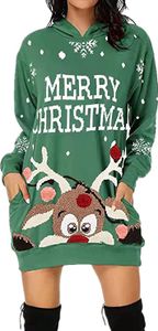ASKSA Weihnachtskleid Damen Kapuzenkleid Weihnachtspullover Weihnachts Sweatshirt, Grün, XL