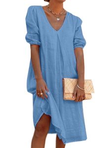 Damen Kurzarm Baumwolle Leinen Midikleid Casual Vintage V-Ausschnitt Kleider,Farbe: Blau,Größe:L