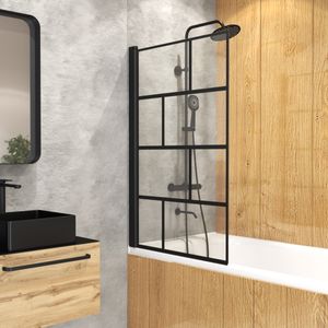 MARWell Badewannenfaltwand "Bricks", 1-flg. 75 x 125 cm - Duschwand für Badewanne in matt schwarz - Badewannenaufsatz mit klarglas - Duschabtrennung