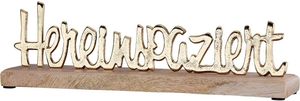 Gilde Schriftzug, "Hereinspaziert", Schriftzug, Aluminium, Mangoholz, goldfarben, naturfarben, VE 4, L. 6,5 cm, B. 30 cm, H. 9 cm Höhe: 9.00 cm Breite: 30.00 cm Tiefe: 6.50cm  55042