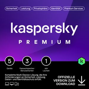 Kaspersky Premium Total Security 2024 | 5 Geräte | 1 Jahr | Anti-Phishing und Firewall | Unbegrenzter VPN | Passwort-Manager | Kindersicherung | 24/7 Unterstützung | PC/Mac/Mobile | Code per Email