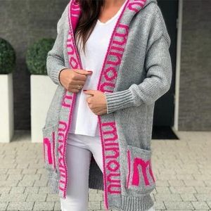 Strickjacke mit Kapuze und Monogramm-Strickmantel für Damen, M, Grau