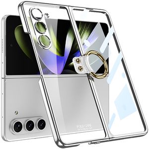 Hülle für Samsung Galaxy Z Fold 5 Eingebauter Bildschirmschutz und Ringhalter Elektroplate Transparent Schutzhülle Silber