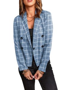 Damen Blazer Kurz Cardigan Casual Outwear Plaid Cardigan Jacke Knopf Oberbekleidung Farbe:Blau,Größe M