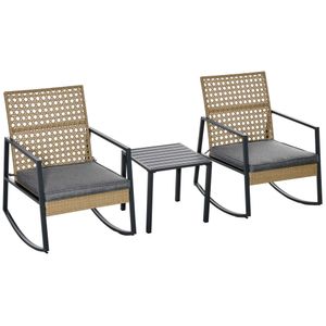 Outsunny Rattan-Schaukelstuhl 3 teilige Bistroset 2 Stühle 1 Tisch mit Kissen Stahl für Gärten Terrassen Außenbereich Terrassenmöbel Natur+Grau