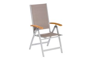 Skladacia stolička Merxx "Naxos" - strieborný hliníkový rám s agátovým drevom a sivým textilným poťahom