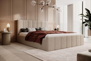 Čalúnená posteľ 180x200 Béžová Boucle látková posteľ s dreveným roštovým podstavcom a úložným priestorom