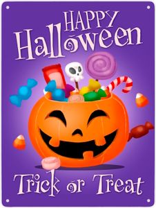 Happy Halloween Trick or Treat Metallschild XXL in 28x38 cm in lila mit süßem