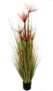 Kunst-Pflanze Gras im Topf Papyrus Gras mit roten Blüten 170cm