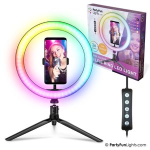 PartyFunLights Mehrfarbige Selfie-Ring-LED-Leuchte 26 cm - Stativ, Telefonhalterung mit USB-Stecker