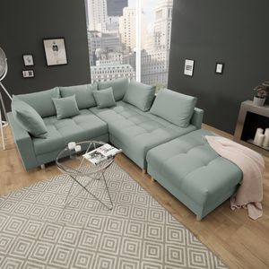 Moderne Wohnlandschaft KENT 220cm aqua Ecksofa Federkern inkl. Hocker und Kissen