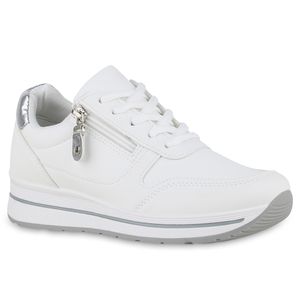 VAN HILL Damen Sneaker Bequeme Metallic Profil-Sohle Zipper Schuhe 841046, Farbe: Weiß Silber Metallic, Größe: 39