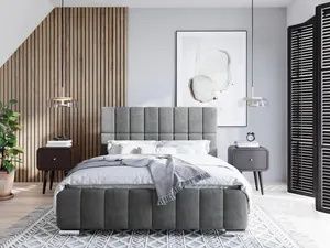 FURMEB24 - ALMA 200 x 200 cm - Skriňová posteľ s podnožou vrátane matraca Belluci Classic - Čalúnená posteľ s dreveným rámom - Manželská posteľ s vysokým podhlavníkom - Čalúnená - Sivá
