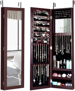 COSTWAY Skříňka na šperky se zrcadlem po celé délce a vestavěným kosmetickým zrcadlem, police na šperky na dveřích a na stěně, zrcadlová skříňka na šperky, prsteny, řetízky a náušnice (hnědá)