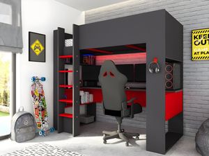 Hochbett mit Gaming-Schreibtisch & Stauraum + LEDs + Matratze - 90 x 200 cm - Anthrazit & Rot - NOAH