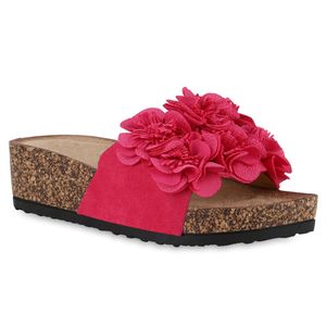 VAN HILL Damen Pantoletten Sandaletten Blumen Volants Schuhe 840991, Farbe: Fuchsia, Größe: 38