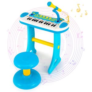 GOPLUS Kinderkeyboard mit 31 Tasten & Hocker, Elektronisches Keyboard mit Mikrofon, Aufnahme- und Wiedergabefunktion, Blinklichter, 22 DemosJahren (Blau)