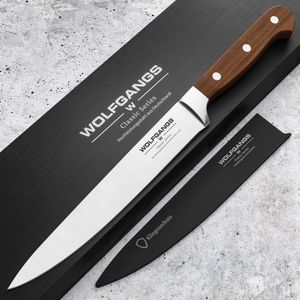 WOLFGANGS hochwertiges Tranchiermesser | Qualitäts-Fleischmesser extrem scharf | Filetiermesser Fleisch besonders langlebig | Scharfes Fleischmesser mit 100% rostfreier Edelstahlklinge (braun)
