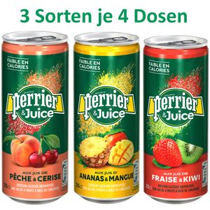 Perrier&Juice TESTPAKET alle drei Sorten (je 4 Dosen Ananas-Mango, Erdbeer-Kiwi und Pfirsich-Kirsche