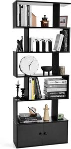 COSTWAY Bücherregal, Standregal mit Türen, 183 x 70 x 23 cm, Büroregal mit 6 Ebenen, Aufbewahrungsregal aus Holz, Aktenregal inkl. Befestigungsmaterial, Raumteiler für Wohnzimmer, Schlafzimmer (Schwarz)