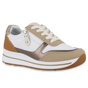VAN HILL Damen Sneaker Bequeme Metallic Profil-Sohle Zipper Schuhe 841046, Farbe: Khaki Weiß Metallic, Größe: 37